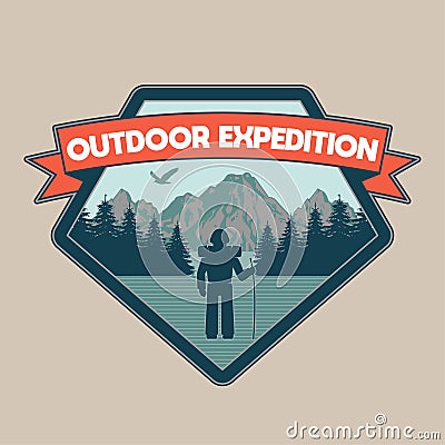 Vintage badge with traveler man outdoor Vector Illustration